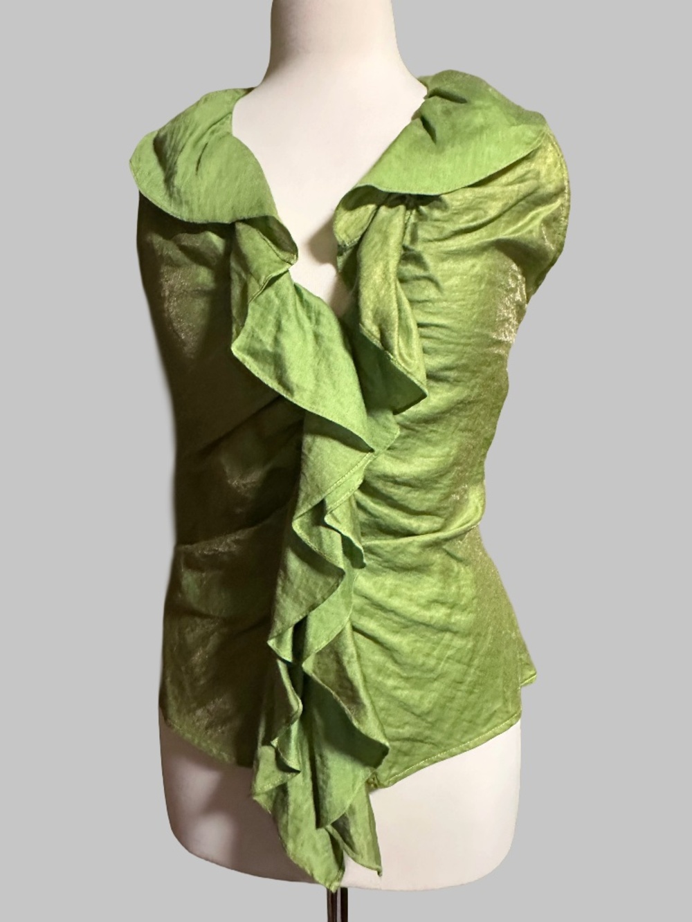 Farinaz Taghavi Italian Fabric Linen Blend Iridescent Ruffle Blouse Green Sz 10